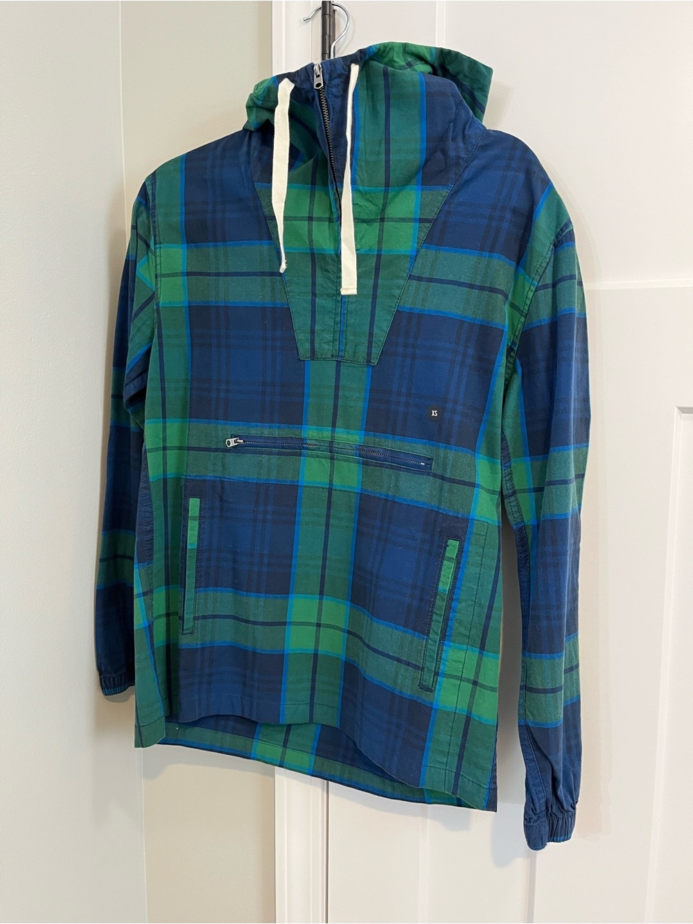 Abercrombie & Fitch Blue and Green Plaid Hooded Pullover Windbreaker